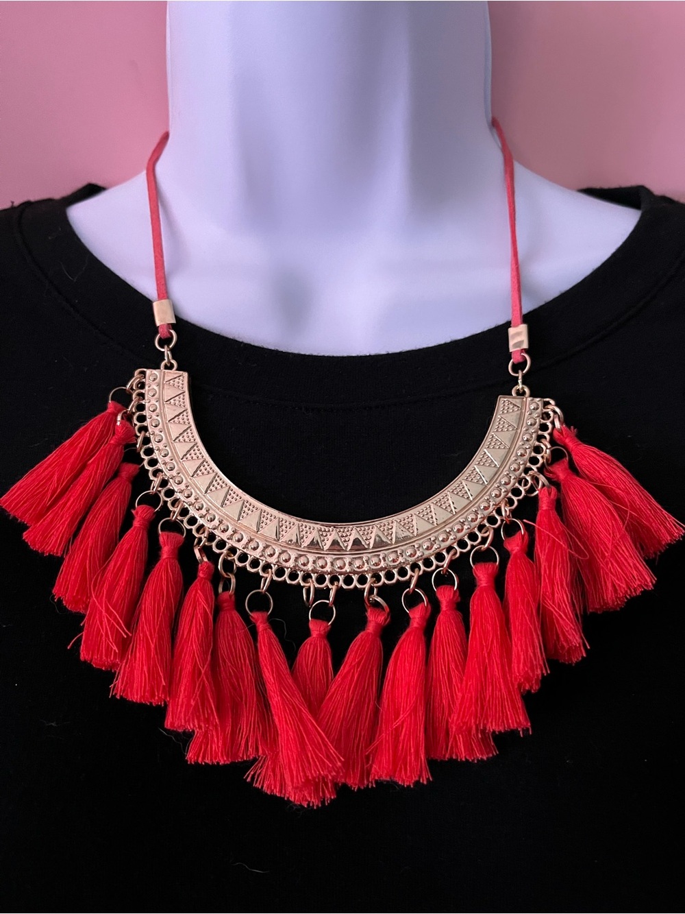 Charming Charlie Boho Red Tassel Statement Necklace